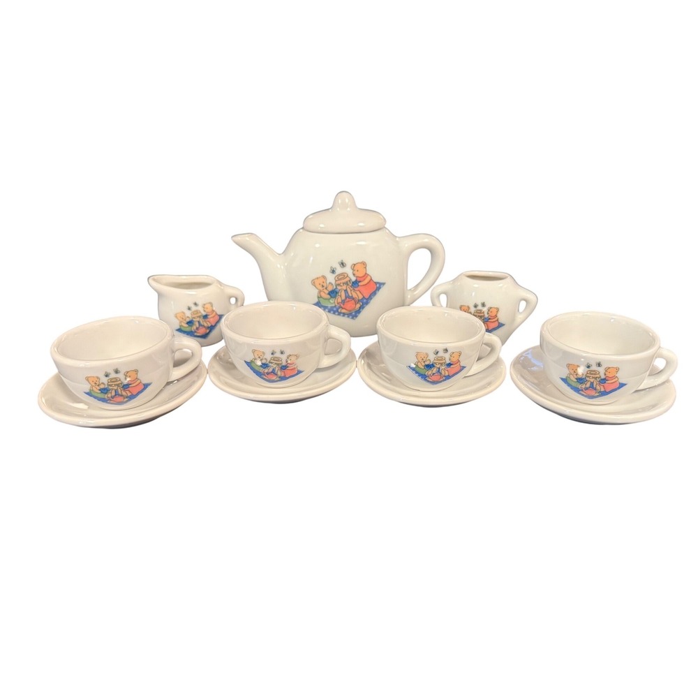 Vintage Miniature Ceramic Tea Set 11 Piece Teddy Bear Picnic White Porcelain Toy